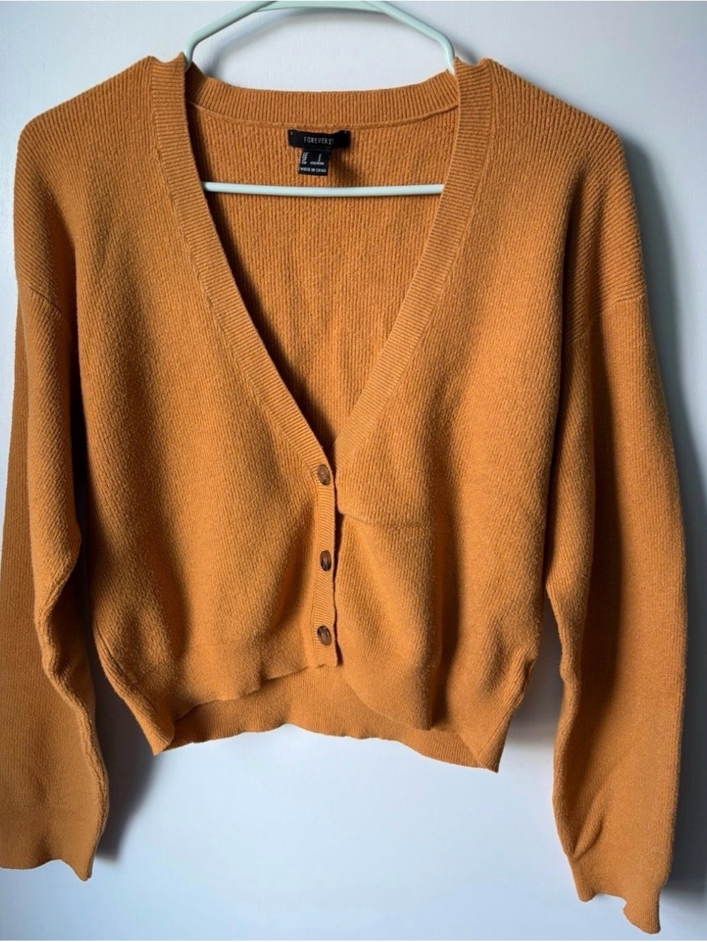 Forever 21 Mustard Yellow Button Size Large Long Sleeved Cropped Knit Cardigan